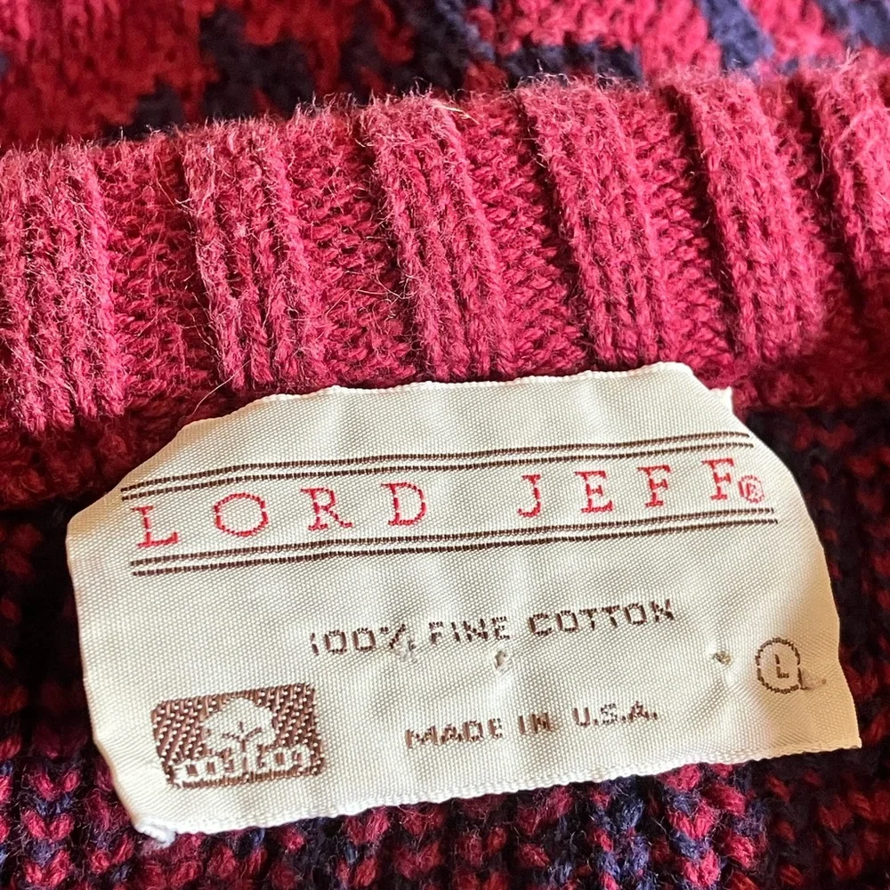 Vintage 80’s Lord Jeff 100% Fine Cotton maroon navy knit crew neck Sweater L